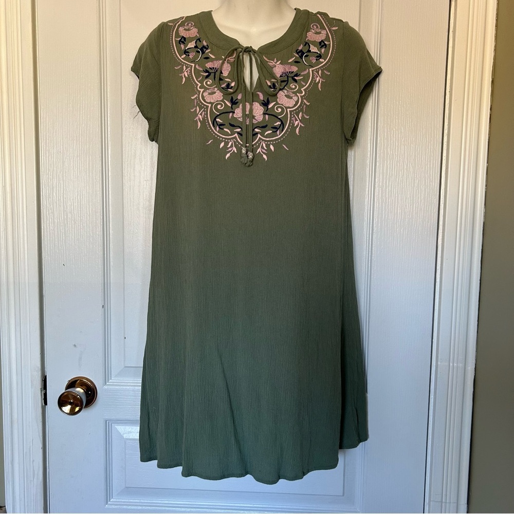 Miami Olive Dress with Pink and Purple Embroidery Flowy Small Rayon Polyester